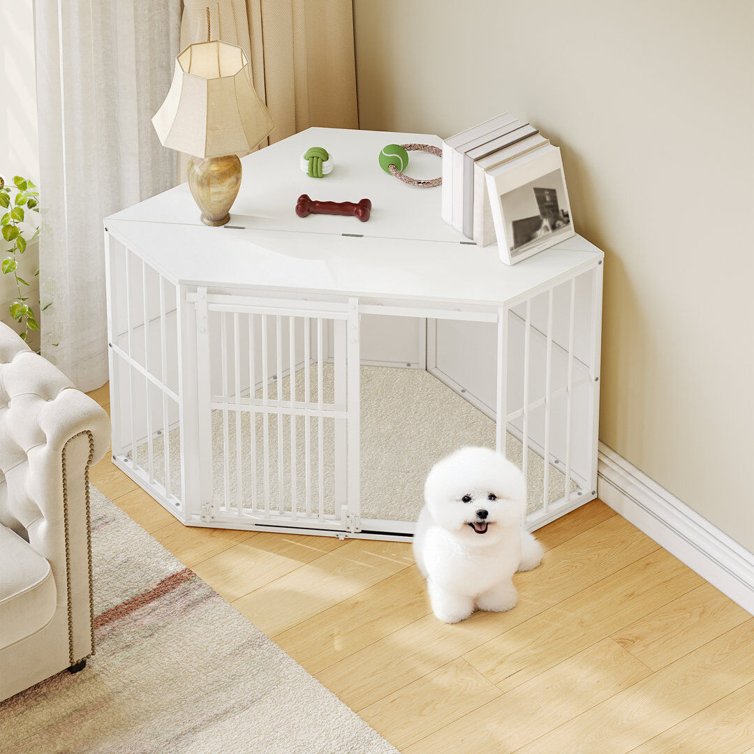 Lily Manor Corner Dog Crate Furniture with Cushion, Wooden Dog Crate with Barn Door, Indoor Kennel for Small and Medium Dogs, End Side Table Animal Crates, 107 × White