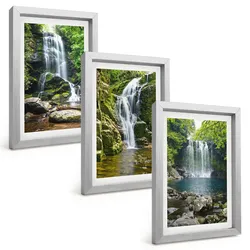BILDER SET 3er Set - 20x30 cm Silberner Rahmen - Wasserfälle, grüne Umgebung