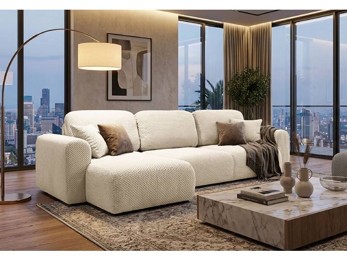 Ecksofa mit Schlaffunktion Beige Strukturstoff Onka 245cm Longchair beidseitig montierbar mit Schlaffunktion Modern