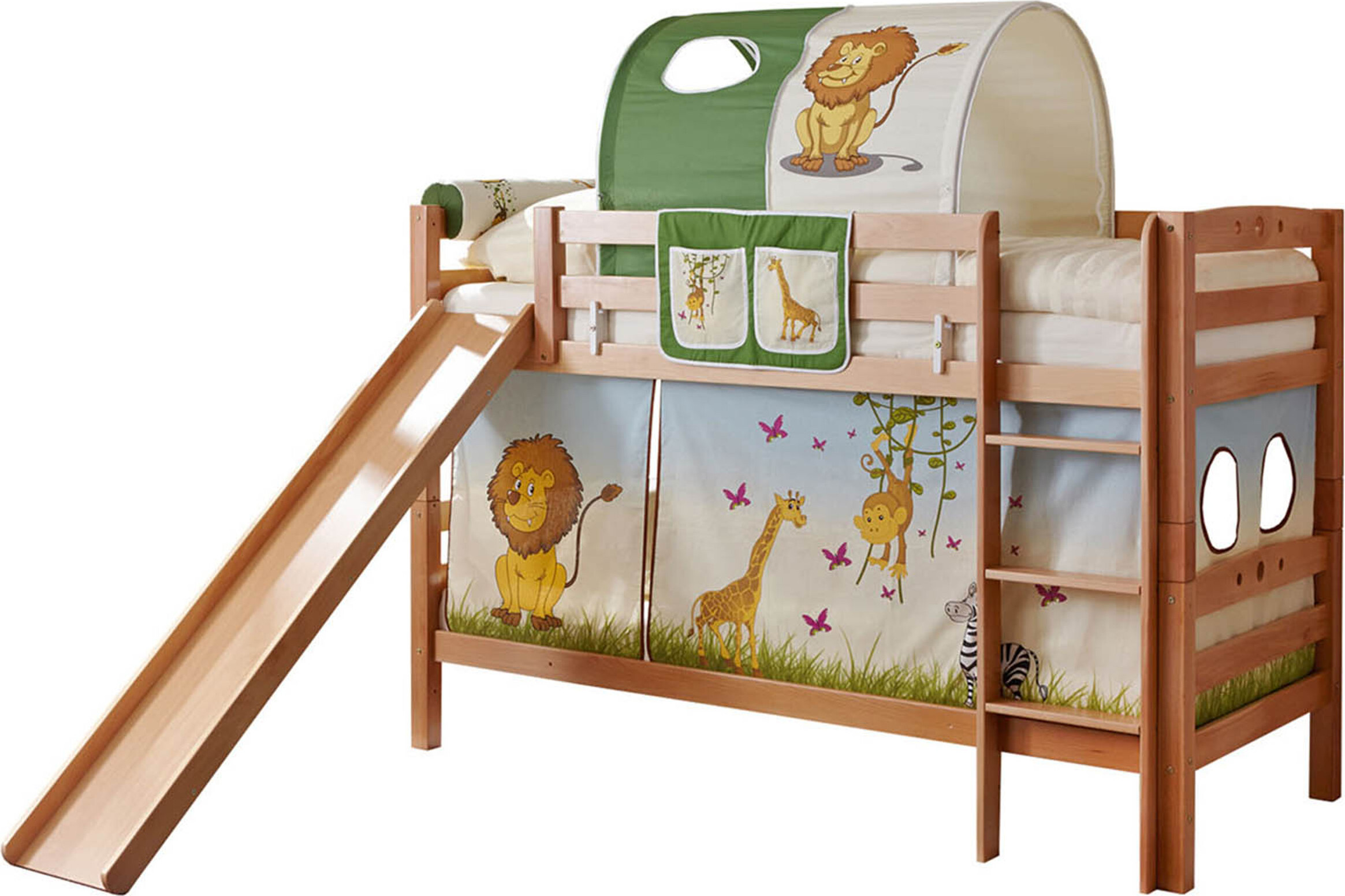 Etagenbett mit Rutsche Doppelbett Buche massiv Natur, Vorhangstoff:Safari
