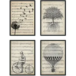 POSTER Set mit 4 Notenblatt A4 Schwarzer Rahmen