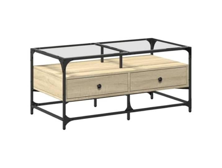KMVXCVNM Couchtisch mit Glasplatte Sonoma-Eiche 98,5x50x45cm Stahl Moderne transparente Glasablage und dezentes Holzdekor setzen elegante Akzente im Wohnbereich oder Empfangszimmer.