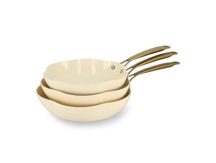 Menastyl Lot de 3 Poêles Dahlia 24/26 et 28 cm en aluminium recyclé Beige