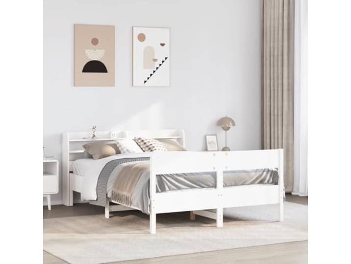 RJPLMFV Bettgestell, 140 x 200 cm, massives Kiefernholz, Weiß Lattenrost inklusive, Kopfteil mit 3 Regalböden, ohne Matratze