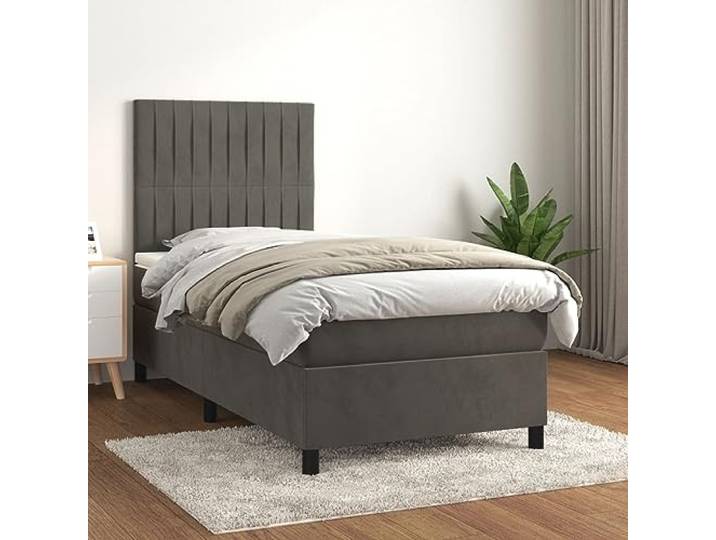 RJPLMFV Bettgestell, 80 x 200 cm, Velours, Dunkelgrau Verstellbares Kopfteil, Taschenfederkernmatratze, mittelhart, weicher Matratzenschoner