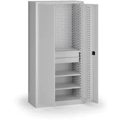 Werkstattschrank, 3 Regalböden + 2 Schubladen, 1950 × 950 × 500 mm, graue Tür