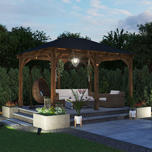 Dunster House Wooden Gazebo Leviathan 4m x 3m Heavy Duty With Roof Shingles Brown 424cm W X 320cm D X 304cm H