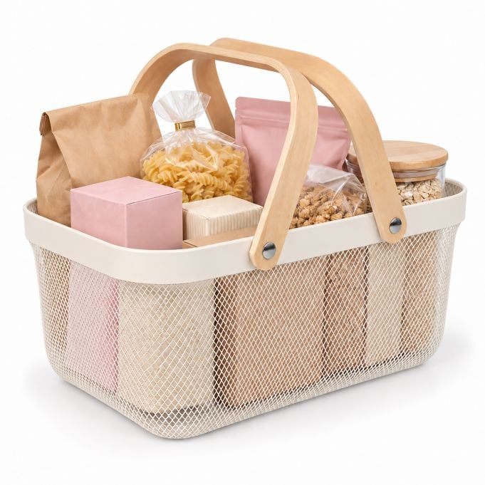 Relaxdays Metalen opbergmand met houten handvaten, beige