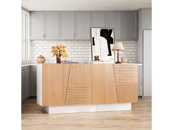 Buffet 4 portes à rainures géométriques 2 espaces séparés étagères réglables MDF/PB blanc cassé 160x40 5x72 cm