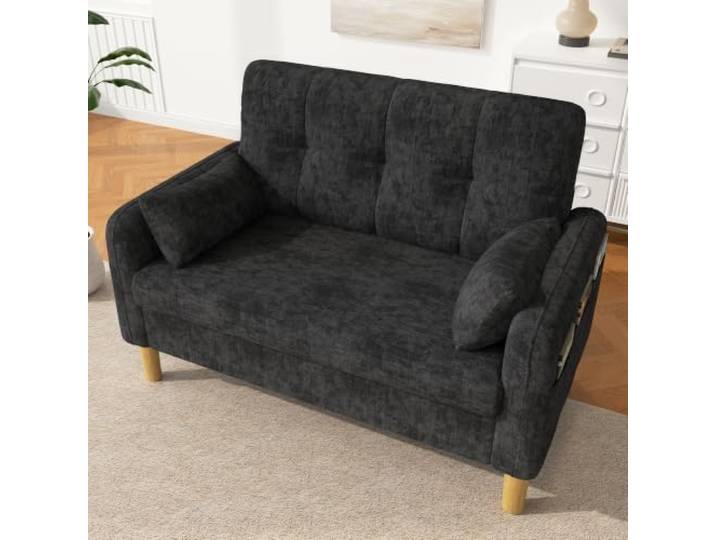 BXEYXE Modernes Zweisitzer Sofa mit dicken weichen Polstern, 2 Kissen und seitlicher Aufbewahrungstasche, ideal für Wohnzimmer, Schlafzimmer oder kleine Wohnungen, Chenillegewebe, Grey