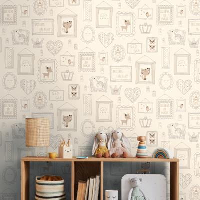 Vliestapete LIVING WALLS "Kids Studio Märchen – Einhorn Glitzer Vliestapete", weiß, B:0,53m H:0m L:10,05m, Vinyl, Vlies, Tapeten, Bilderrahmen mit Einhorn, Katze, Krone und Glitzerdetails