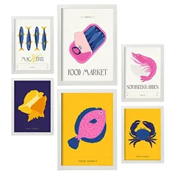 POSTER Set Mit 6 Lebensmittel Und Ernährungs Meeresfrüchte Natur Und Botanikdrucke Für Innenarchitektur A3 & A4 Weißer Rahmen