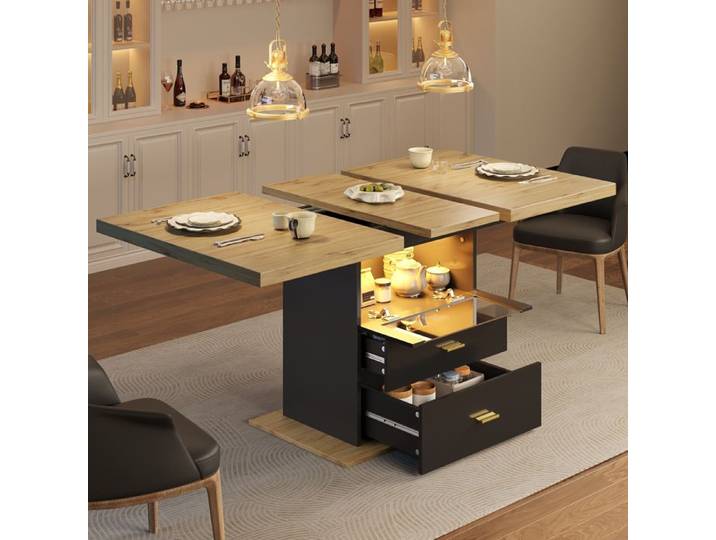 Table de Salle à Manger extensible 2 tiroirs et LED - BEAUNIV - pour Cuisine Salon Séjour Bois Noir