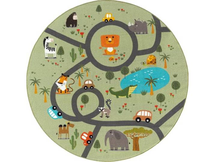 the carpet Happy Life - Kinderkamer, kindertapijt, speeltapijt, wasbaar, wegtapijt, wegen, jungle, dieren, auto, Groen-jungle, 160 cm Rond