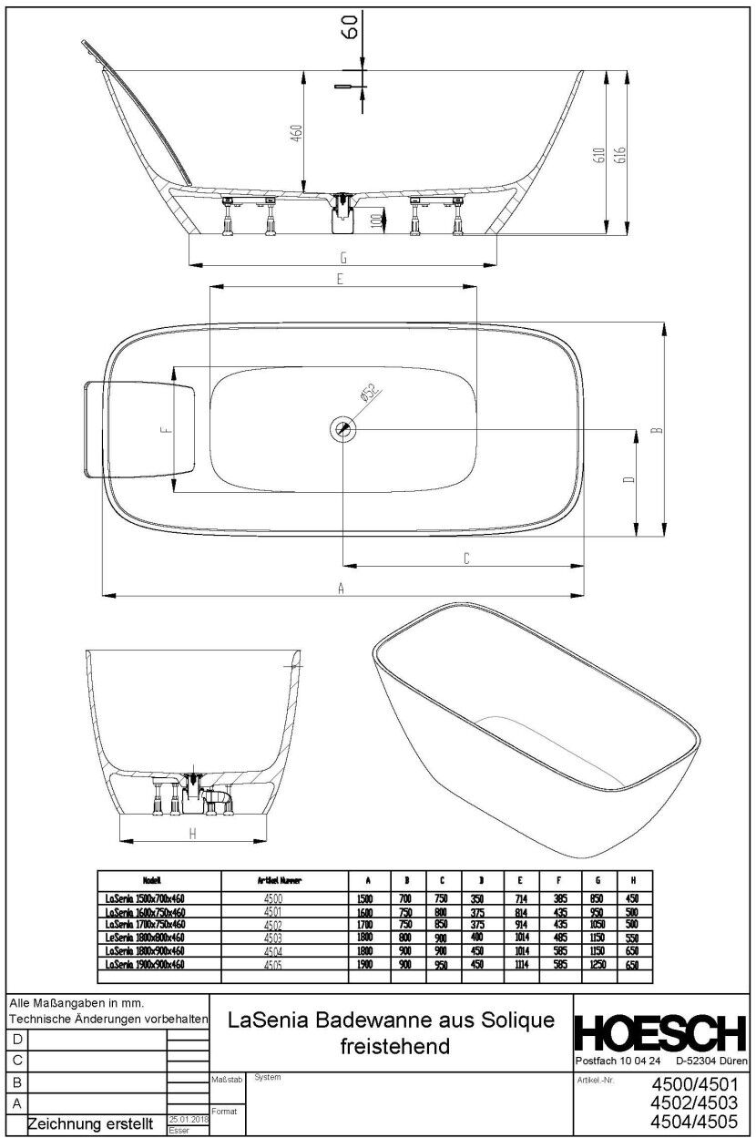 Hoesch Badewanne LaSenia 1800x800 freistehend Material Solique 4503.013