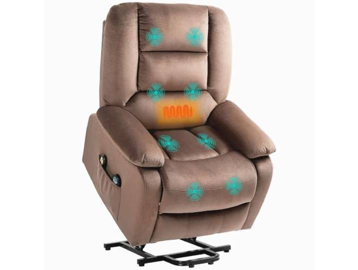 HOMCOM Fernsehsessel mit Aufstehhilfe Elektrisch Relaxsessel Braun Liegefunktion, Wärmefunktion, Massagefunktion, Massagesessel, Fernbedienung, Seitentasche, Fußteil, Samtoptik