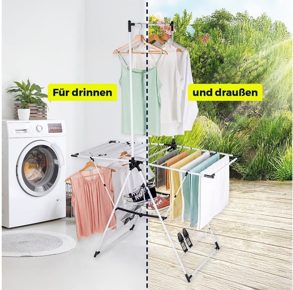 Wäscheständer EASYMAXX "mit Kleiderstange 2 m", weiss (weiß, schwarz), B:200cm H:136cm T:61cm, Stahl, Wäscheständer, Wäscheständer, Wäscheständer 38 x 61 x 200 cm schwarz/weiss, klappbar weiß, schwarz Einheitsgröße