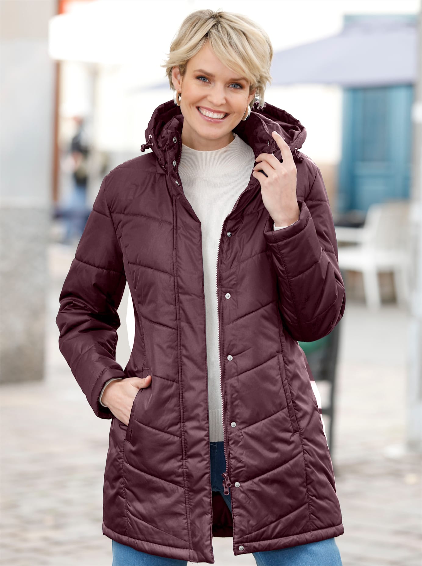 Langjacke CLASSIC BASICS, Damen, Gr. 42, rot (bordeaux), 100% Polyester, Futter und Wattierung:100% Polyester, unifarben, Jacken Langjacke bordeaux 42