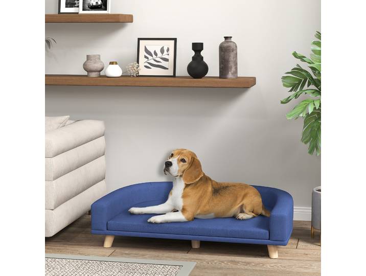 PawHut Canapé Surélevé Chien Bois Tissu Lavable 98x67x25cm Bleu