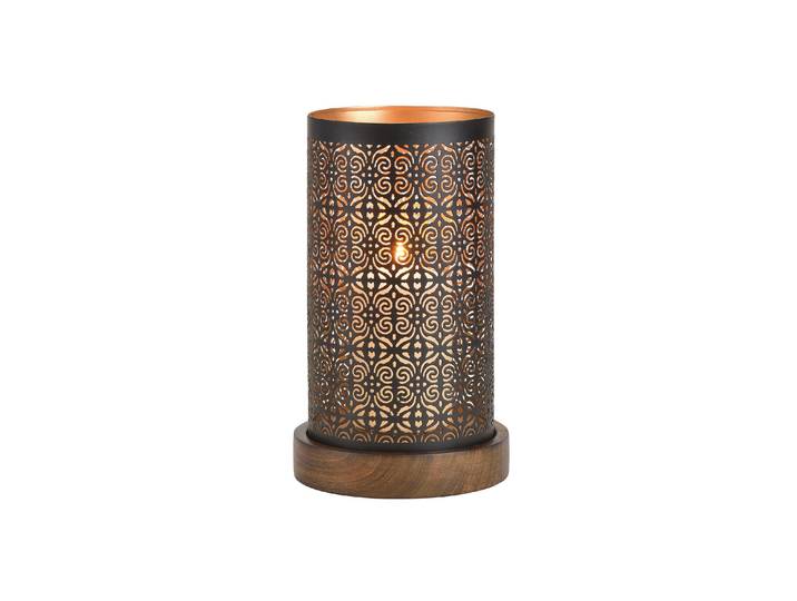 Windlicht G. Wurm auf Holzsockel aus Metall , schwarz (goldfarben, schwarz), Ø:13cm, Metall, Kerzenhalter, Windlicht, Holzart: Mango (Indien)