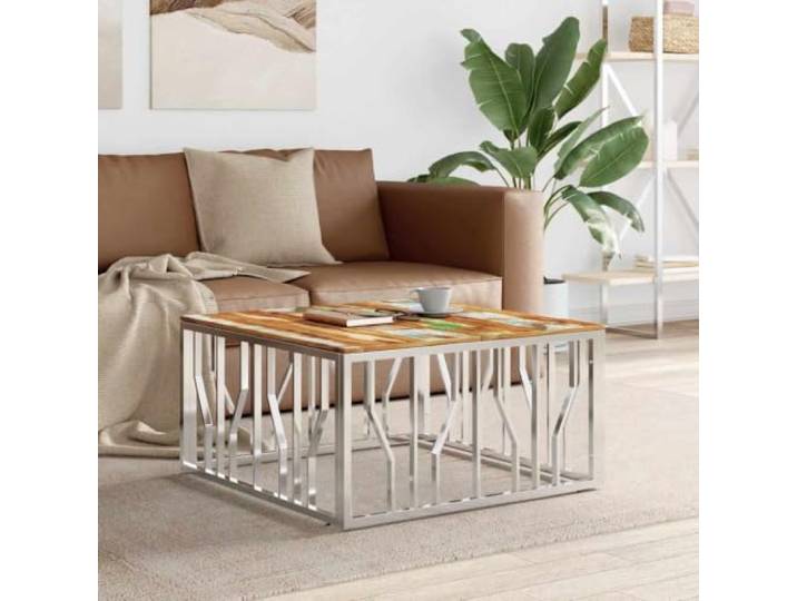 HEFZGDB Couchtisch Silbern Edelstahl und Altholz Massiv mit robustem Gestell und modernem Design für Wohnzimmer