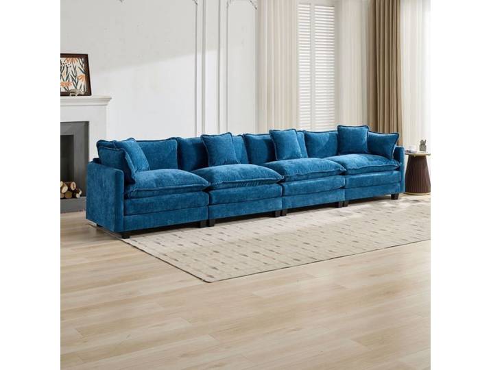 Canapé modulable 4 places en chenille bleu FloraGrace