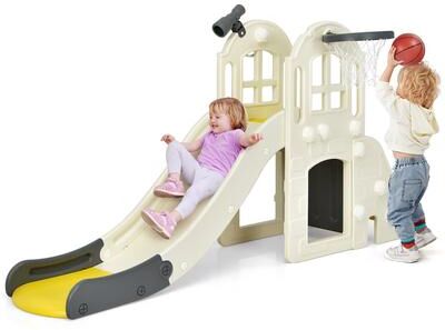 6-In-1 Slide for Kids Toddler Climber Slide Playset w/ Basketball Hoop