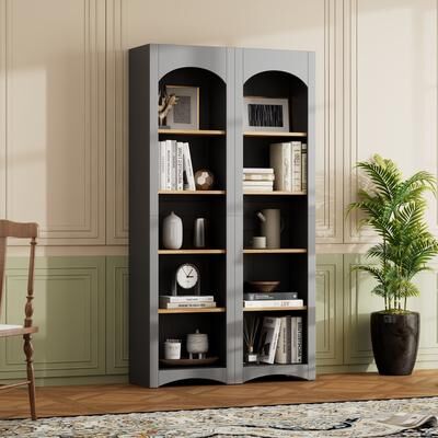 Clihome Farmhouse Free Standing 5 Tier Bookshelves Storage Cabinet with Adjustable Shelves, Set of 2