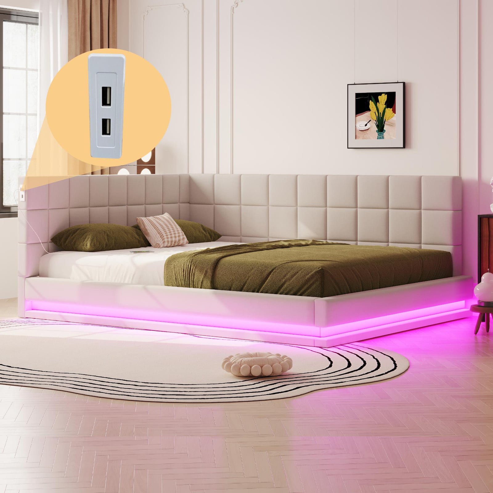 Flieks Multifunctionele Slaapbank met USB en LED-verlichting, Beige, B/D/H: 160 x 200 cm