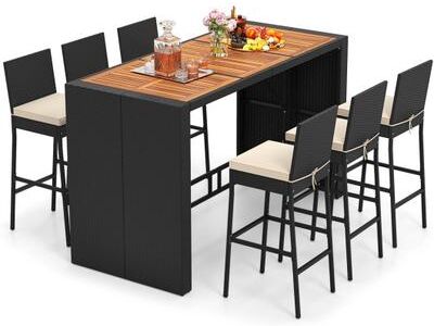Costway 7 Pieces Patio Rattan Bar Set with Seat Cushions for Porch Yard Garden