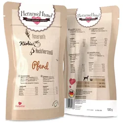 Herzenshund 130 Gramm Hundenassfutter Sparpaket 30 x 130 Gramm Pferd mit Bio Kürbis
