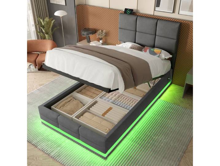 Muvoe Lit coffre en velours 90x200 - Nuitora - Lit simple - Sommier hydraulique - Tête de lit réglable - Avec LED et USB - Gris