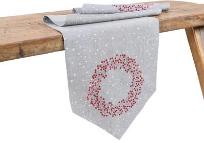 Manor Luxe "Holly Berry Wreath Christmas Table Runner 16""x36"", Linen Blend"
