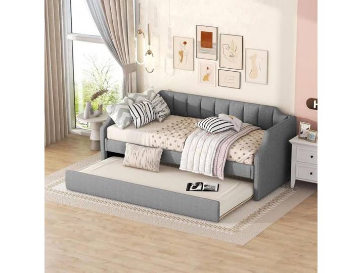 Lit adulte 90x200/190 cm avec Gigogne rembourré avec lit à roulettes Gris