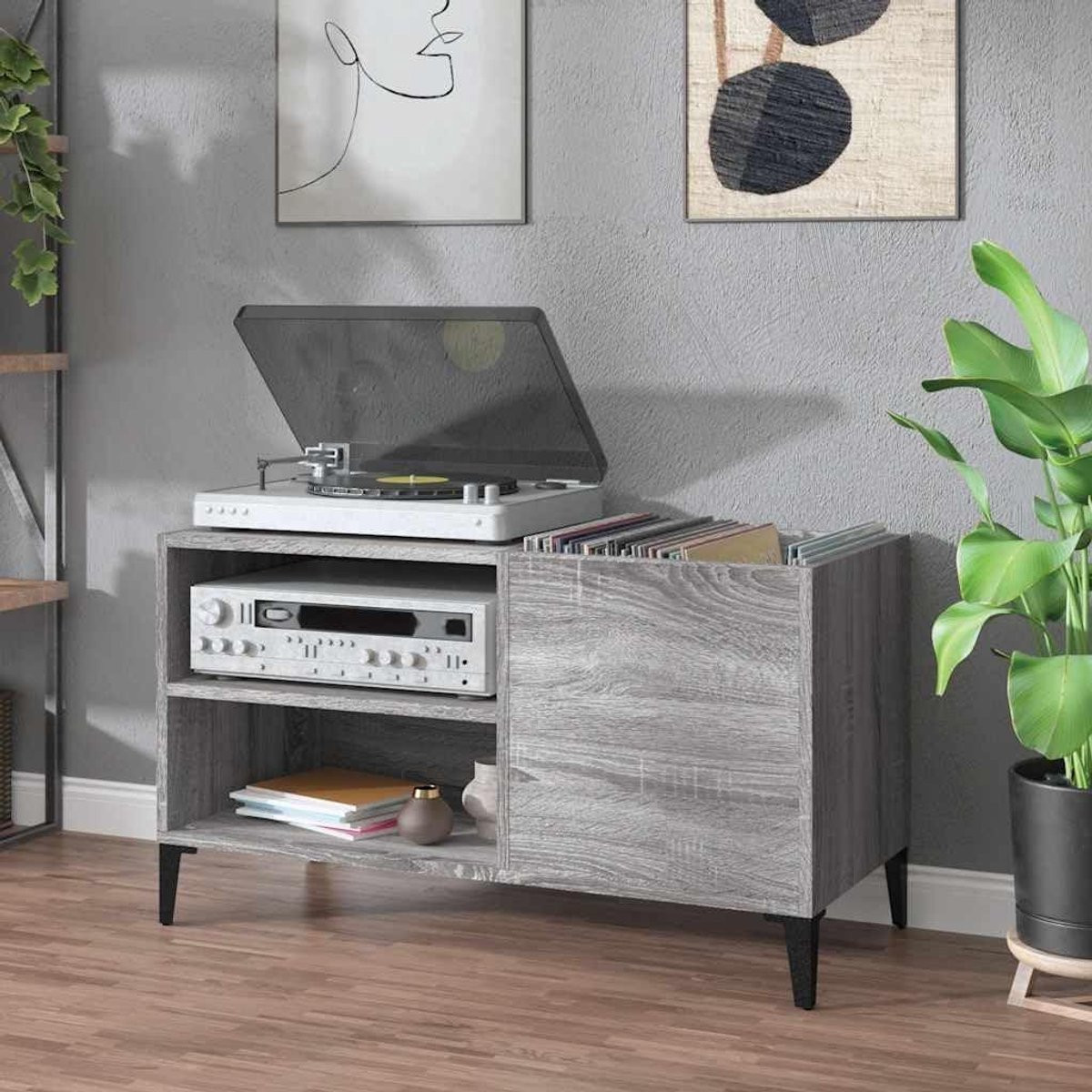 Grijs Muziekmeubel Platenkast voor LP Opslag met Stabiele Bovenplaat, Breedte: 84,5 cm