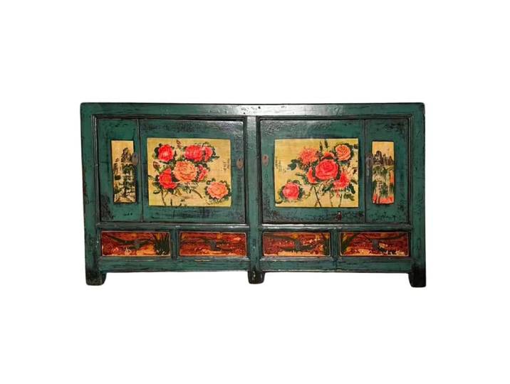 Fine Asianliving Buffet Chinois Ancien Pivoines Peintes à la Main L171xP40xH87cm