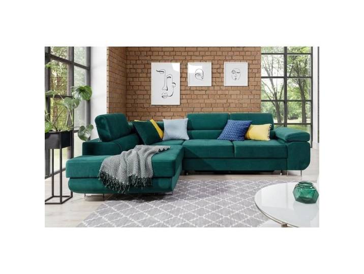 - Canapé d'angle convertible en tissu luxe 5 places avec coffre vert angle gauche (vu de face) ANNECY KRONO