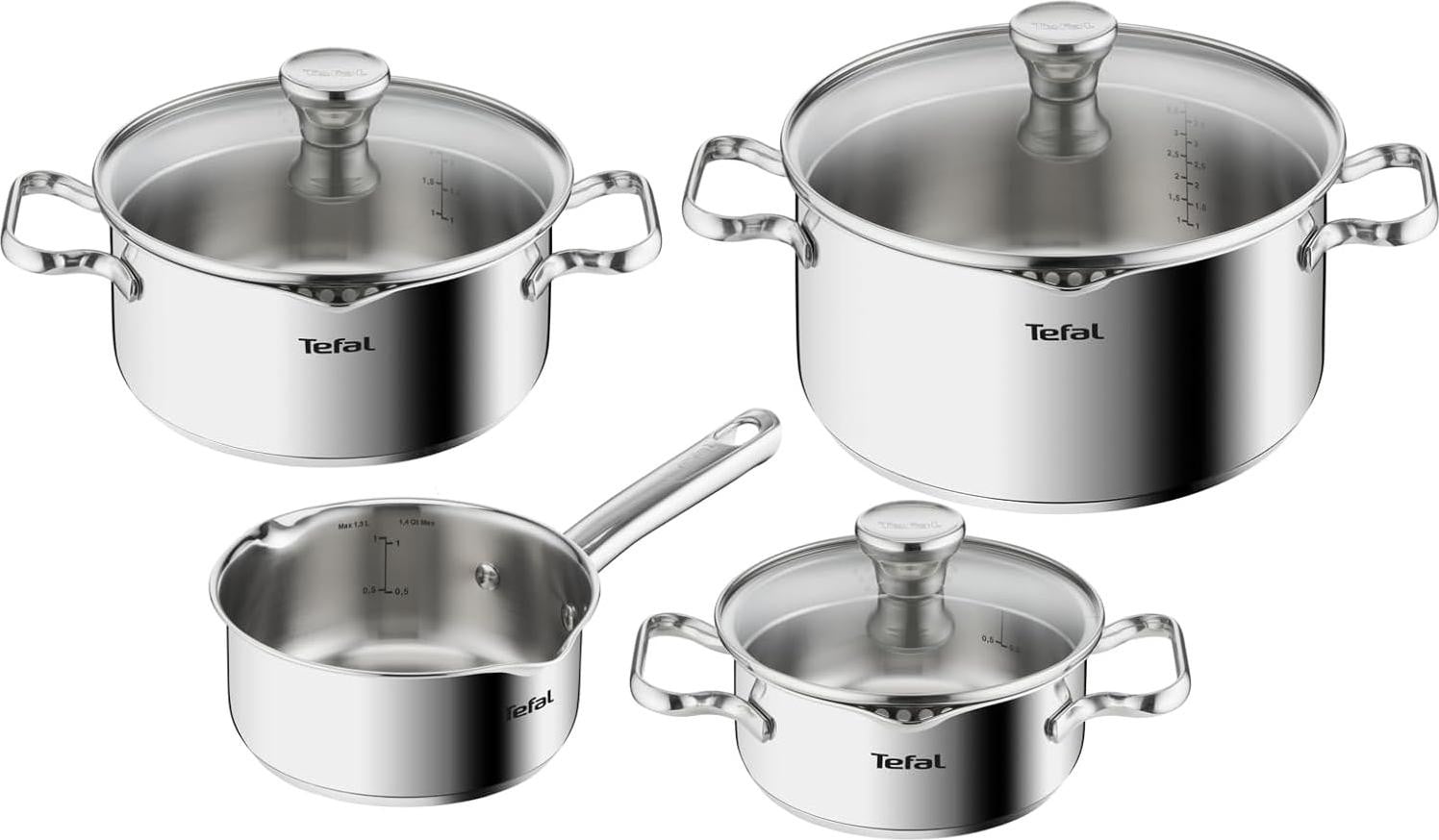 Tefal Duetto Pannenset, 7-delig RVS kookset met glazen deksels en geïntegreerd zeefje, zilver, geschikt voor inductie
