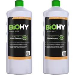 BiOHY Creme Seife (2x1l Flasche) | Hautschonende, rückfettende und geruchsneutrale Handseife PHOSPHATFREI | Ohne Parfüm und Farbstoffe