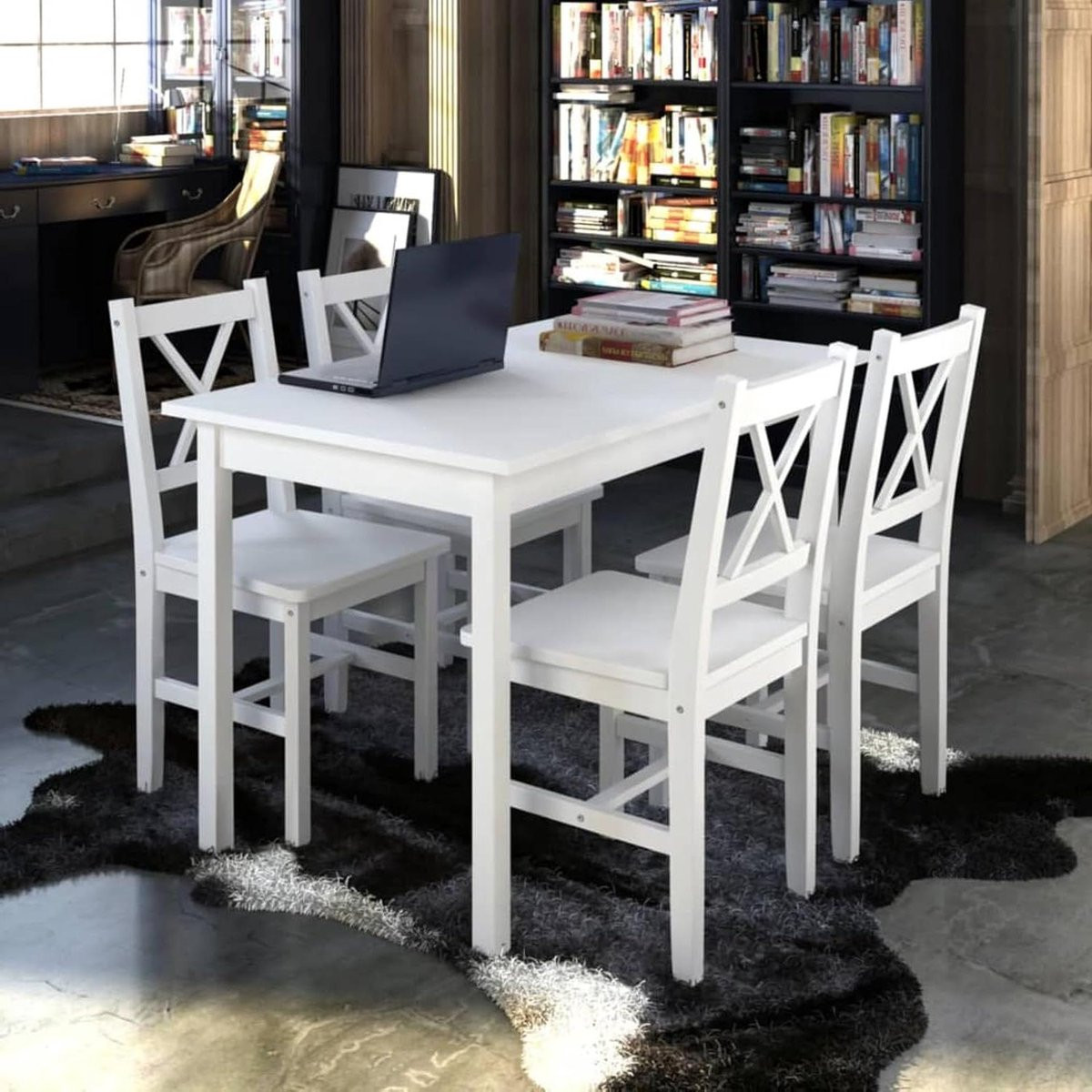 5-delige eetkamer set met eettafel en stoelen van massief hout in het wit
