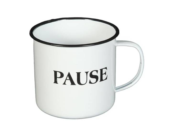 Tasse Becher Emailletasse Kaffeetasse Teetasse Emaille weiß Nostalgie 'PAUSE'