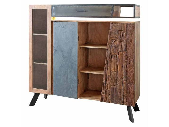 Wolf Möbel Stadium Highboard mit Beleuchtung 145x40x140cm Massivholz Akazie/Altholz H:140cm/B:145cm/T:40cm Mehrfarbig und Schubkasten