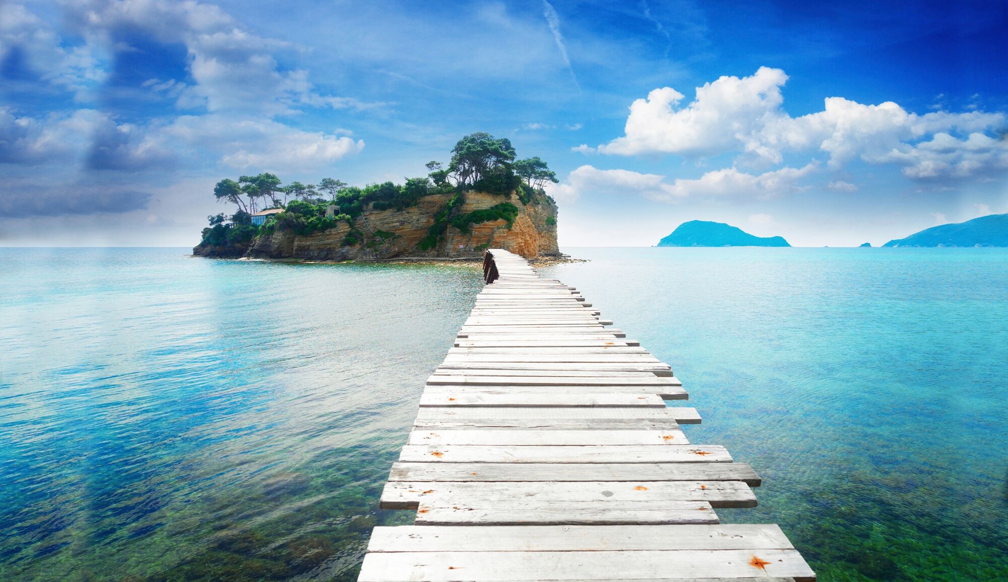 Fototapete PAPERMOON "HOLZ-BRÜCKE-AGIOS SOSTIS INSEL PIER STEG MEER SEE WALD", bunt, B:2m L:1,49m, Vlies, Tapeten, Fototapete bunt B/L: 2m x 1,49m, Bahnen: 4 Stk.