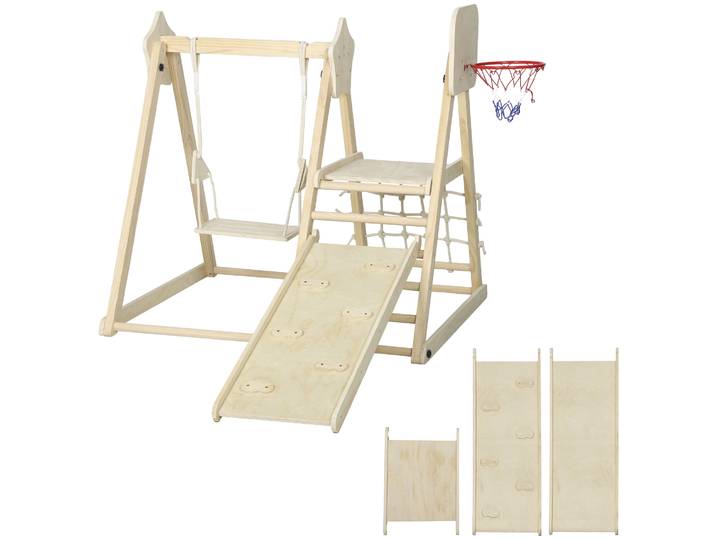 AIYAPLAY 5-in-1 indoor klimrek met glijbaan, schommel, klimnet, basketbalring, opvouwbaar, 3-6 jaar, natuurhout