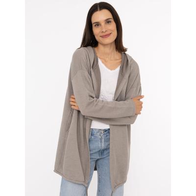 Jerseymantel ZWILLINGSHERZ "Positive Mind", Damen, Gr. S/M, braun (fango), Jersey, Obermaterial: 70% Baumwolle, 30% Polyester, bestickt, unifarben, comfort fit ca. Mitte Oberschenkel, V-Ausschnitt, gerader Abschluss, Mäntel, mit hohem...