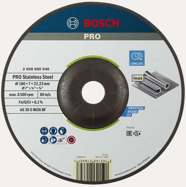 Bosch PRO Stainless Steel Schleifscheibe, 180 x 6 x 22,23 mm 2608600540