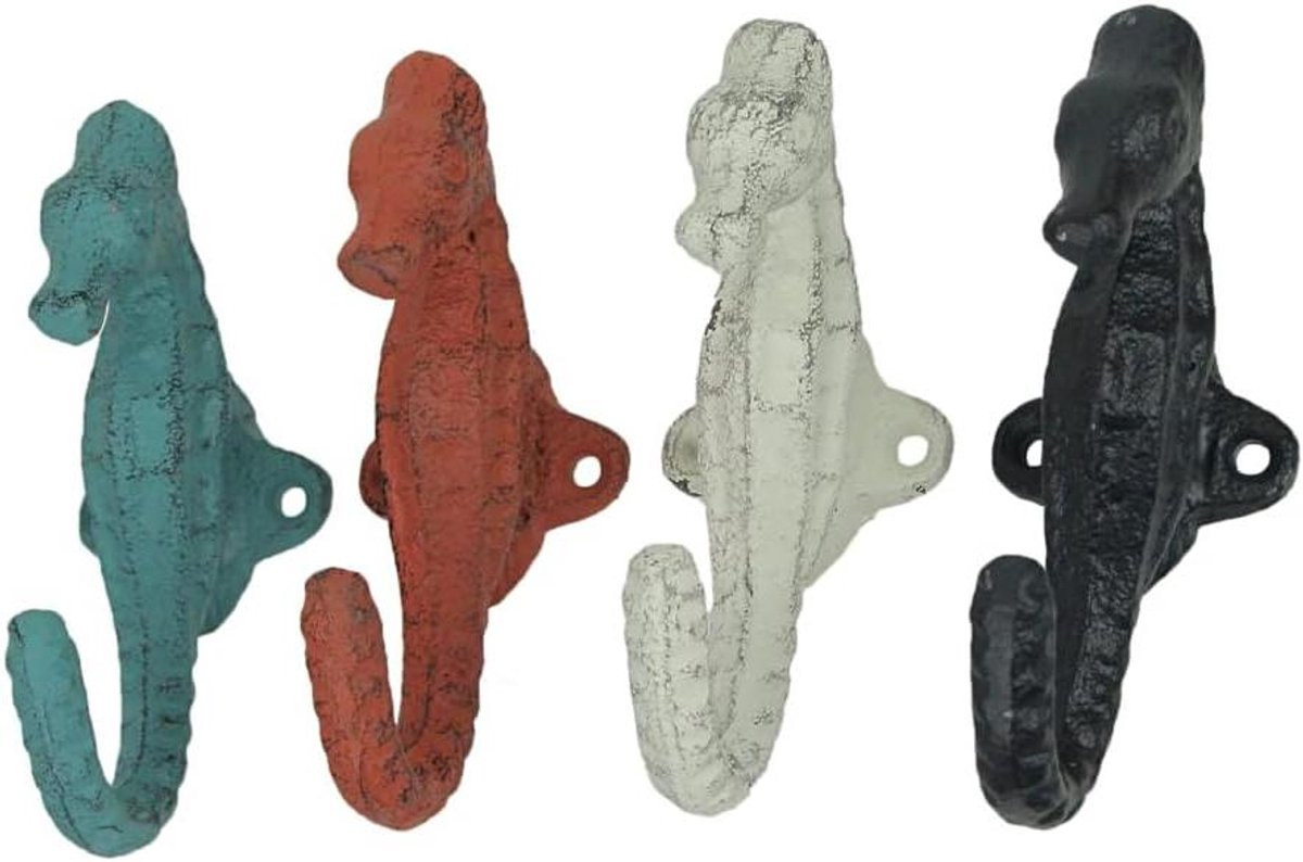 Set van 4 kleurrijke zeepaard wandhaken van gietijzer, 15 cm