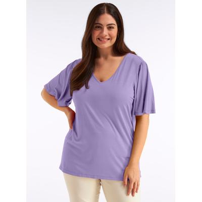 T-Shirt SHEEGO "Kurzarm-Shirt", Damen, Gr. 48/50, lila (lavendel), 95% Viskose, 5% Elasthan, unifarben, V-Ausschnitt, Shirts T-Shirt