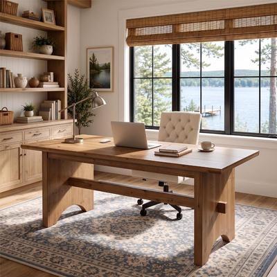 1Easylife "63"" Solid Wood Executive Desk, Rectangular Office Table, Rustic Computer Desk with Thick Trestle Legs for Home Office Study Room"