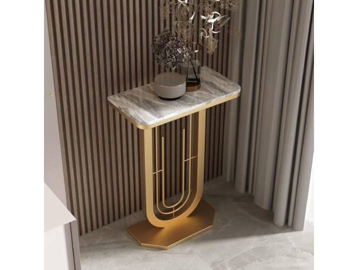 Schmaler Konsolentisch, Industrial-Design Flurtisch mit Metallrahmen Platzsparendes Design, Kratzfeste Tischplatte, Stabiles Metallgestell, Schnellaufbau(Gold+Gray1,19.7in(50cm))
